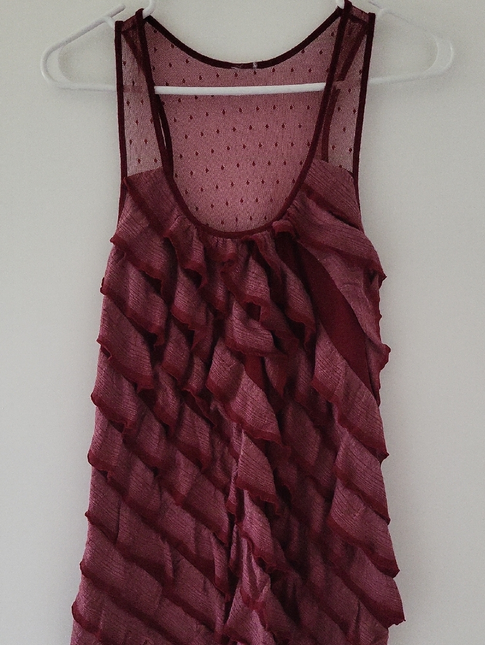 Sleeveless Ruffle Mesh Tank Top - Burgundy